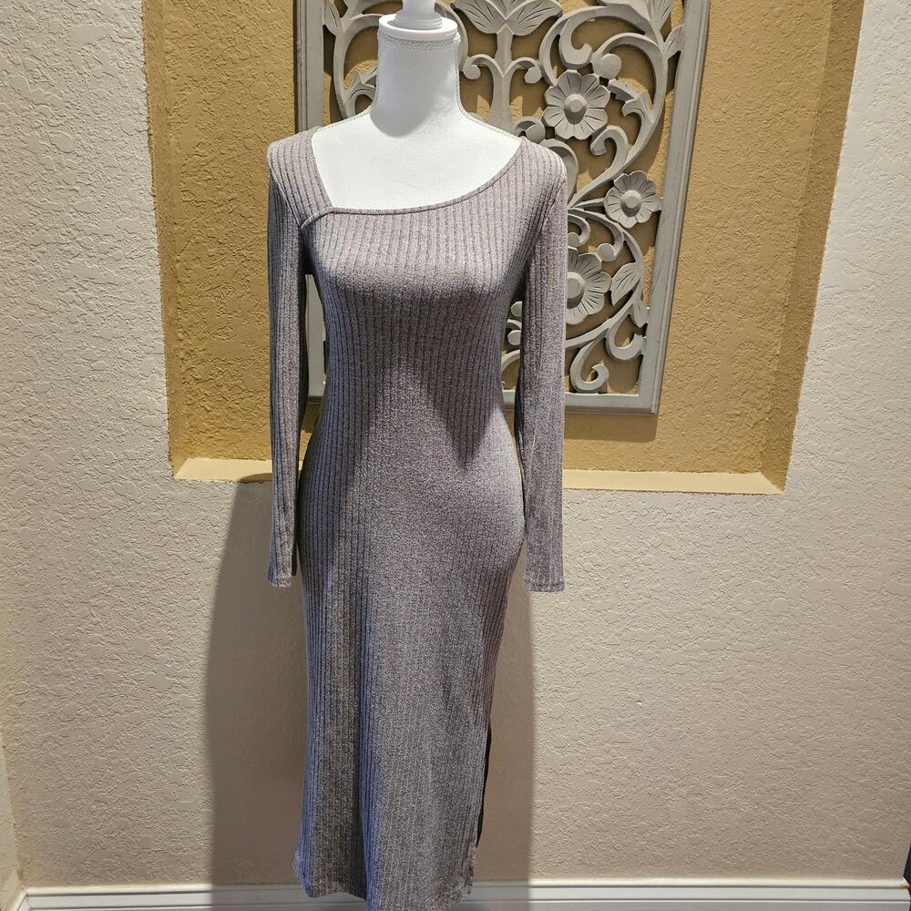 A New Day Ribbed Midi Dress XS Taupe Bodycon Minimalist Capsule Modern Classic - Picture 2 of 9